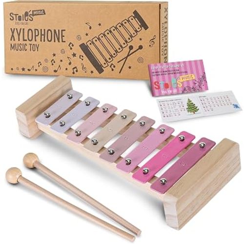 Stoie's Pink Sensation Xylophone for Kids and Toddlers 3-5, Tuned C-Key Wooden 8 Notes Xylophone with Mallets and Music Song Book, Montessori Toy