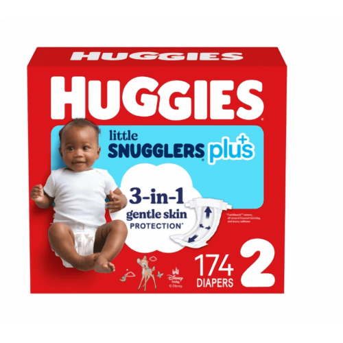 Huggies Plus Diapers Size 2, 174 Count, 12-18 lbs, 3-in-1 Skin Care Protection, Leak & Blowout Protection, GentleAbsorb Baby Disposable Diapers