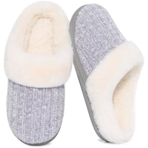 Evshine Warm Knit House Slippers for Women Comfy Wool-Like Lined Chenille Slippers with Memory Foam and Indoor Outdoor Soles