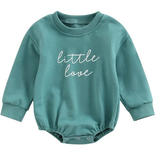KOSUSANILL Baby Girl Boy Oversized Sweatshirt Romper Newborn Infant Long Sleeve Bubble Sweater Pullover Valentines Day Outfit - Green Little Love - 0-3 Months