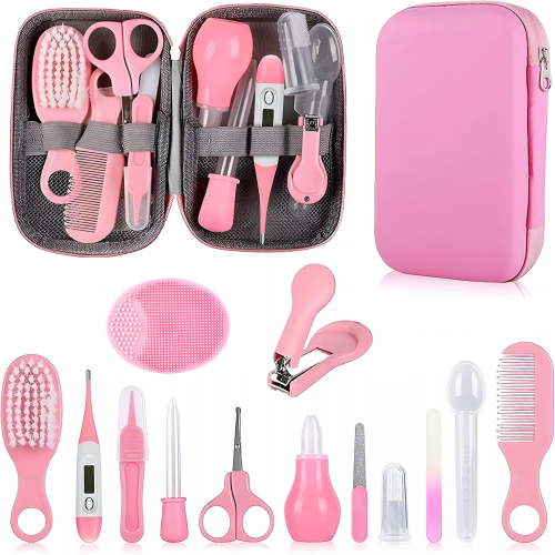 XIRQI Baby Grooming Kit, Infant Safety Care Set with Hair Brush Comb Nail Clipper Nasal Aspirator,Baby Essentials Kit for Newborn Girls Boys (Pink Baby Grooming Kit)
