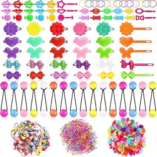 WILLBOND 1184 Pcs Hair Barrettes for Girls, Kids Barrettes Accessories Self Hinge Elastic Hair Ties Bands Assorted Ponytail Holders Cartoon Design Baby Clip Multicolor Rubber Band for Toddler