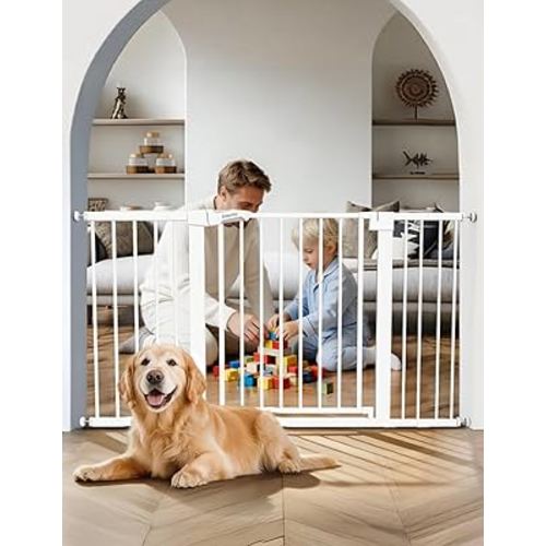 Babelio 29-55 Inch Extra Wide Baby/Dog Gate, PressGuard P7, Metal Auto Close, Pressure Mounted Pet Door for Doorways, NO Need Tools and Drilling, with Wall Cups, White