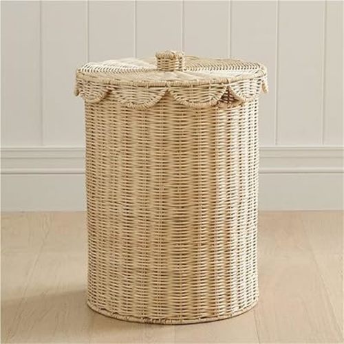 Woven Rattan Storage Basket with Lid, Handmade Woven Rattan Basket with Metal Frame, Round Laundry Hamper for Clothes, Blankets, Snacks, or Kitchen Sundries