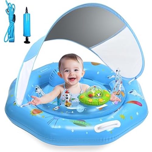 Baby Pool Float with Canopy & Toy Console,Adjustable Safe Seat,Removable UPF50+ Sunshade Infant Pool Float for 6-36 Months,Baby Floaties 6-12 Months with Safety Handle & Rope for Pool