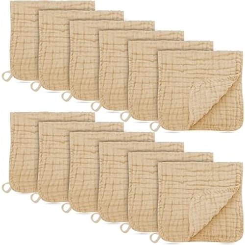 12 Pack Muslin Burp Cloths - Large 20" x 10", Ultra Absorbent 100% Cotton for Baby Drool and Messes - Soft, Gentle Baby Burp Rag for Boys & Girls -Brown