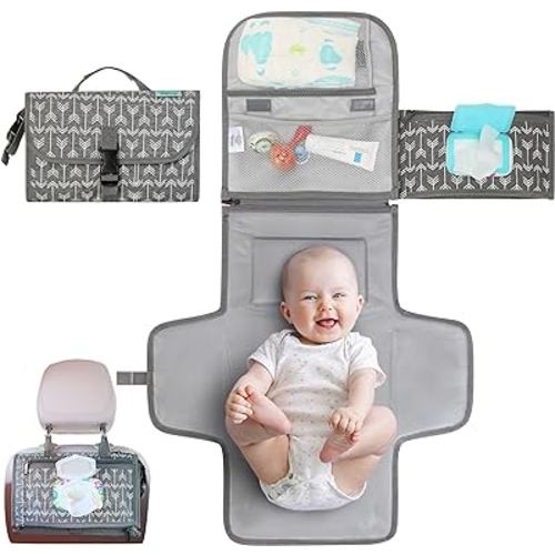 Portable Diaper Changing Pad, Portable Changing pad for Newborn Girl & Boy - Baby Changing Pad with Smart Wipes Pocket – Waterproof Travel Changing Kit - Baby Gift by Kopi Baby - Grey Arrow