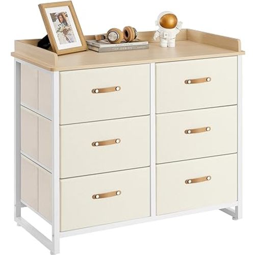 SONGMICS Dresser for Bedroom with 6 Drawers, Chest of Drawers, with Water-Resistant Changing Table, Storage Organizer Cabinet, for Kids Room Nursery Living Room Hallway, Beige UGKR101K01