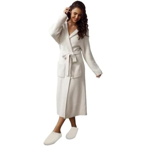 MH MYLUNE HOME Ultra Soft Robe with Pockets, Soft Spa Bathrobe Loungewear Calf-Length, Plush Robe for Women Fuzzy, Wrap Robe