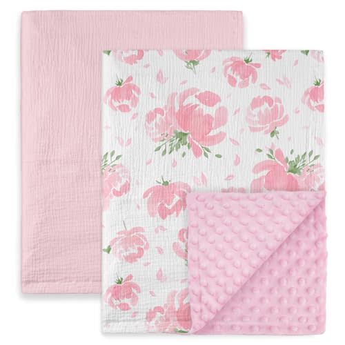 GLLQUEN BABY Blankets for Unisex Boys Girls, 2-Pack Muslin Cotton Front Soft and Breathable,and Dotted Fleece Backing, Printed Bed Nursery Minky Blankets for Newborn, Pink Flower,30 x40 inches