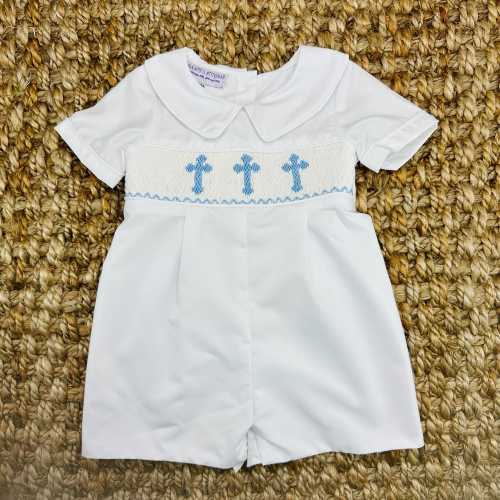Cross Smocked Shortall in White with Blue Crosses - Baby Boy, Baptism, Easter outfit, Christening, Heirloom outfit, Vintage Style 588 *A