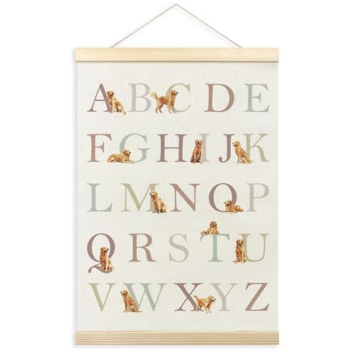TLESKE Golden Retriever Alphabet ABC Chart Poster Hanger Frame, Homeschool Preschool Hanging Wall Art Decor for Golden Retriever Lover Kid Room Nursery Playroom, Dog ABC Picture 12x16