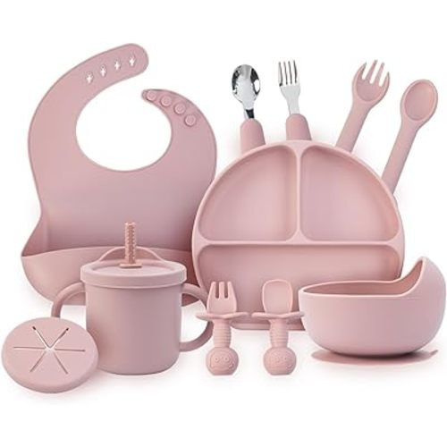 Baby Feeding Set, 13PCS Silicone Baby Self Feeding Set, Toddler Led Weaning Utensils Set with Suction Bowl and Plate, 3 Set of Baby Spoon and Fork, Adjustable Bid, Sippy Cup with Straw and 2 Lids