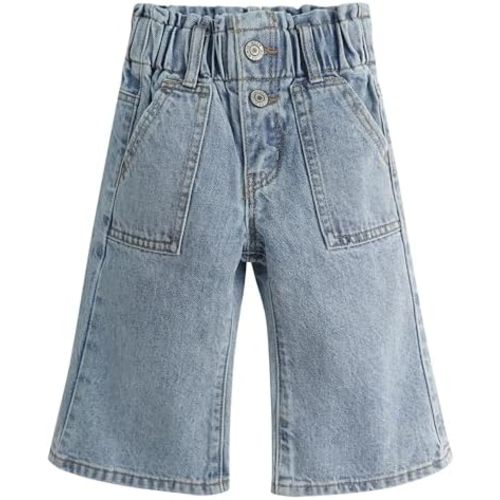 KIDSCOOL SPACE Baby Girls Jeans,Toddler Elastic Waist with D-Ring Slant Pockets Wide-Leg Denim Pants