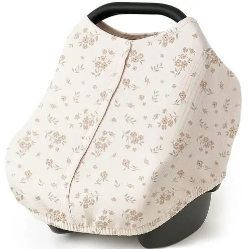Konssy Baby Car Seat Cover, Muslin Cotton Button Open Carseat Canopy for Babies Shower Gifts and Registry Search, Breathable Infant Sunshade Cover, Must Have for Unisex Boys and Girls