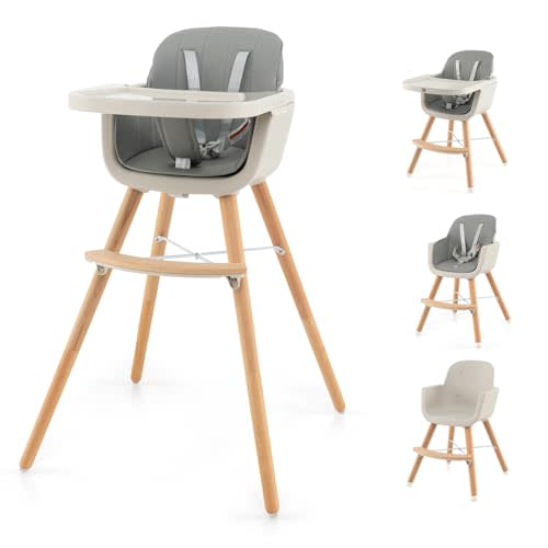 HONEY JOY High Chair, 3-in-1 Eat & Grow Wooden Highchair/Toddler Chair with Removable Tray, 5-Point Harness, PU Cushion and Footrest for Baby, High Chair for Babies and Toddlers(Gray)