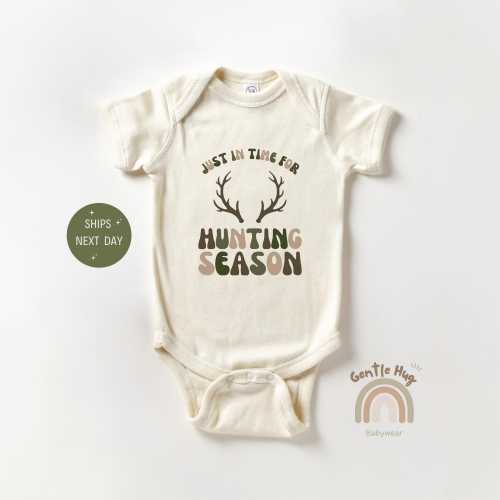 Just In Time For Hunting Season Baby Onesie®, Baby Hunting Bodysuit, Retro Hunting Baby Onesie®, Camo Hunting Baby Outfit, Baby Shower Gift