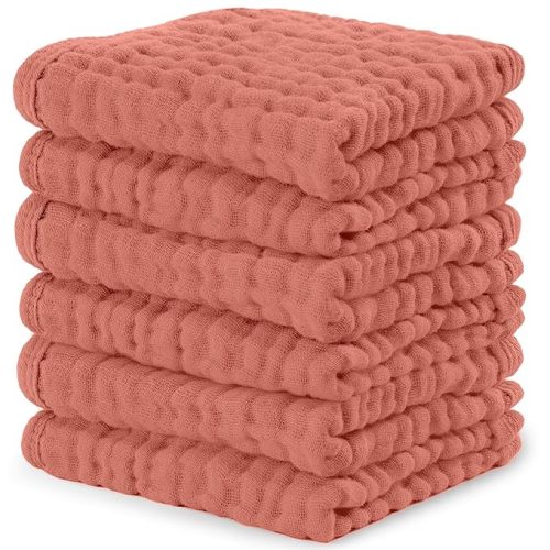 Comfy Cubs Muslin Baby Washcloths 6 Pack - Soft 6-Layer Cotton Wash Cloths for Sensitive Skin - 10"x10" Large, Gentle, Absorbent Infant Essentials for Newborn and Toddlers - Dusty Rose