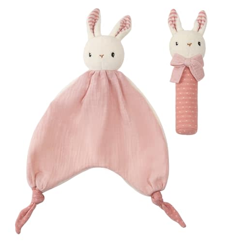 CUDDLE CORNER Organic Cotton Stuffed Animal Rattle Baby Toys, Hand Grip Rattle Squeaker Sticks Toys, Bunny Cuddle Cloth and Ring Rattle Plush Toy Set for Newborns Infant Boys Girls, 2 PCS