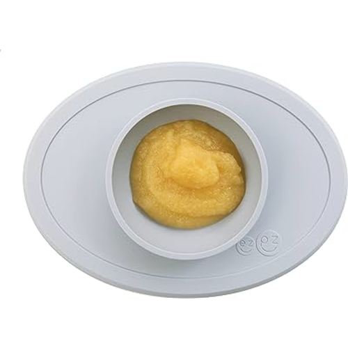 ezpz Tiny Bowl (Pewter) - Silicone Baby Bowl with Suction for 6 Months + - Built-in Placemat - First Foods + Baby Led Weaning - Fits on All Highchair Trays - Suction Bowls for Baby