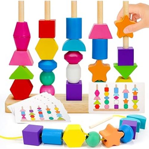 Montessori Toys for 2 3 4 Year Old Kid Boy Girl Toddler, Montessori Wooden Beads Sequencing Toy Set, Lacing Beads & Stacking Block & Matching Shape Stacker, STEM Preschool Learning Toy Birthday Gift