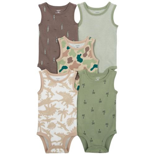 Baby 5-Pack Dinosaur Sleeveless Bodysuits - Style,Green/Brown