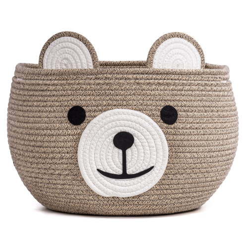 Timeyard Cotton Rope Baby Basket, Baby Gift Basket Nursery Laundry Organizer with Cute Bear Design for Storage Infant Newborn Essentials, Diaper Caddy with Handle (Light Brown)