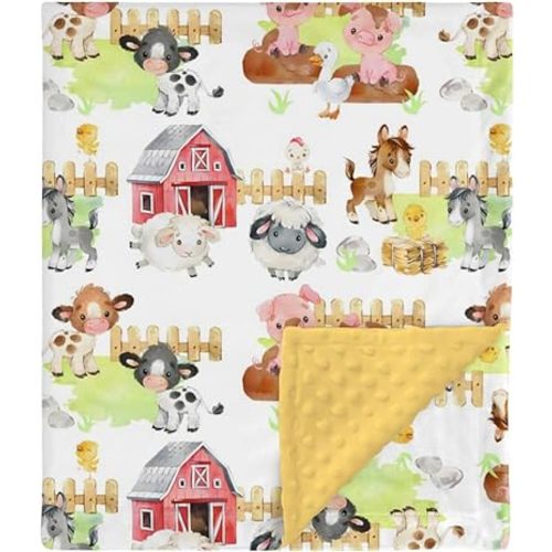 HawSkgFub Farm Animals Barn Mink Baby Blanket Dotted Backing Boy Girl Gift, Yellow Cow Chicken Pig Sheep Double Layer Nursery Bed Blankets, Soft Plush Newborn Infant Toddler Kids Crib Bedding 30 x 40