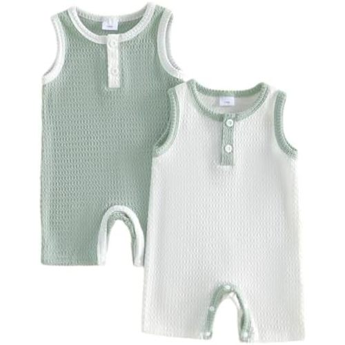 Sasaerucure Newborn Baby Boy Coming Home Clothes Waffled Button Up Sleeveless Romper Jumpsuit Two Pack Outfit Summer