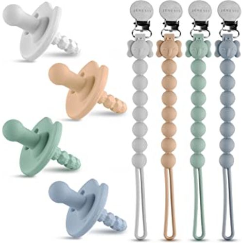 Jenesis Baby Silicone Pacifier and Pacifier Clip Set 4 Pacifiers and 4 Clips, 6-18 Months- Gender Neutral Baby Unisex Colors, BPA Free