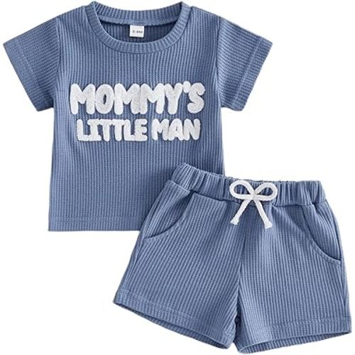 allshope Baby Boy Summer Outfit Set Letter Embroidery Short Sleeve T Shirt Solid Shorts Waffle Knit Clothes 6 12 18 24 Months