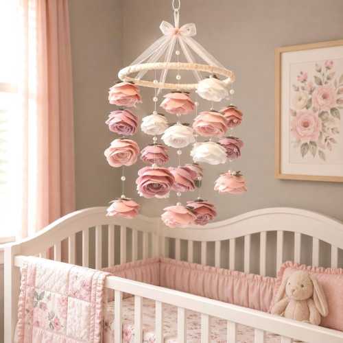 Handmade Baby Mobile | Blush Pink Felt Roses & Pearls JoJo Nursery Decor