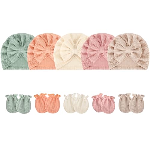 Newborn Baby Hats and Mittens Set Infant Bow Beanie Cap Toddler Gloves Newborn Hospital Hats for Baby Boy Girl 0-12 Months