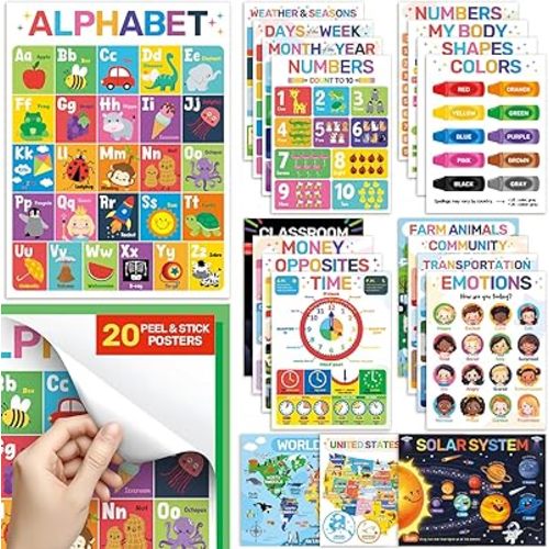 DECOWALL PS-01 20 Educational Peel & Stick Poster Stickers for Kids- Removable Wall Decals for Preschool & Kindergarten Classrooms-Alphabet, Numbers, Shapes, Emotions, Weather&More-Learning Chart ABCs