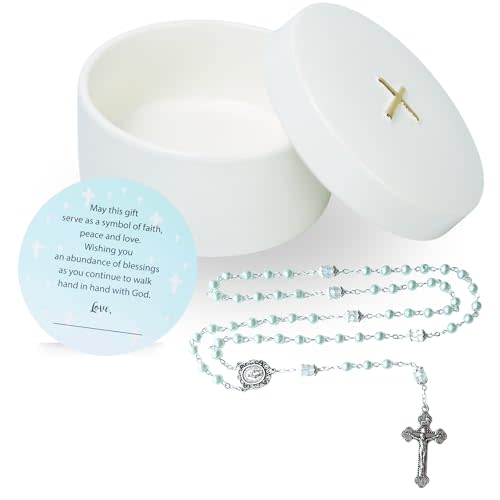 Sweet Treasures Gift – Baptism Gifts for Boys, First Rosary with Ceramic Keepsake Box and Card, Catholic Communion Gift, Christening and Baby Shower Rosary Beads, Blue