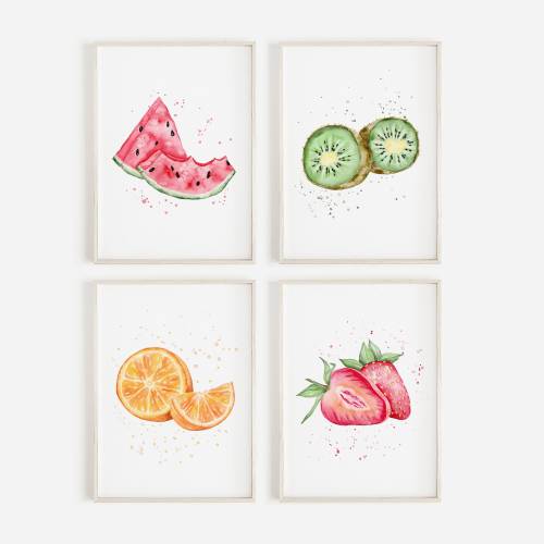 Watercolor fruit print set of 4, orange strawberry kiwi watermelon, gallery wall set, kitchen wall art