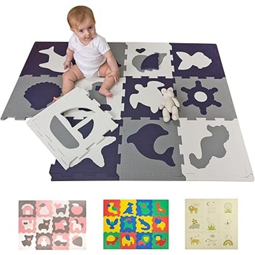 Hakuna Elegant Puzzle Mat for Babies 48" x 36" – 12 Panels 30 x 30 Inches with Ocean World and 12 Edges – Play Mat 20% Thicker in Recyclable Packaging – Non-Toxic and Odourless Play Mat