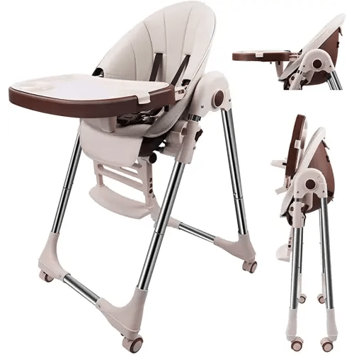 Baby High Chair for Toddlers Kids Feeding Height Convertible with Removable Tray, Multifunctional Portable Children Dining Reclining Chair Foldable with Wheels, Beige