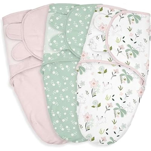 Baby Swaddle Sacks, 3-Pack Newborn Organic Cotton Swaddle Wrap, Adjustable Swaddling Blankets, Nursery Swaddling Essentials for Newborn 0-3 Months, Infant Shower Items Gift (Flowers & Rabbits)