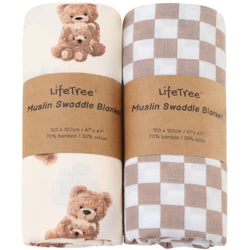 LifeTree Muslin Swaddle Blankets Neutral, Baby Swaddling Wrap Nursery Blanket for Boys & Girls Unisex, Soft 70% Viscose from Bamboo and 30% Cotton, Large 47 x 47 inches, Bear & Checkered Coffee