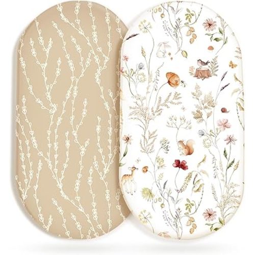 GRSSDER Ultra Soft Bassinet Sheets 2 Pack, Stretchy Breathable Knit Bassinet Mattress Sheets for Baby, Universal Fitted Baby Cradle Moses Basket Oval Rectangle Mattresses Safe and Snug, Stylish Print
