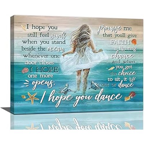 Beach Canvas Wall Art Ocean Coastal Shell Starfish White Dress Girl Wall Decor I Hope You Dance Pictures Painting Prints Coastal Theme Framed Artwork Decor for Bathroom Bedroom Living Room 12"x16"