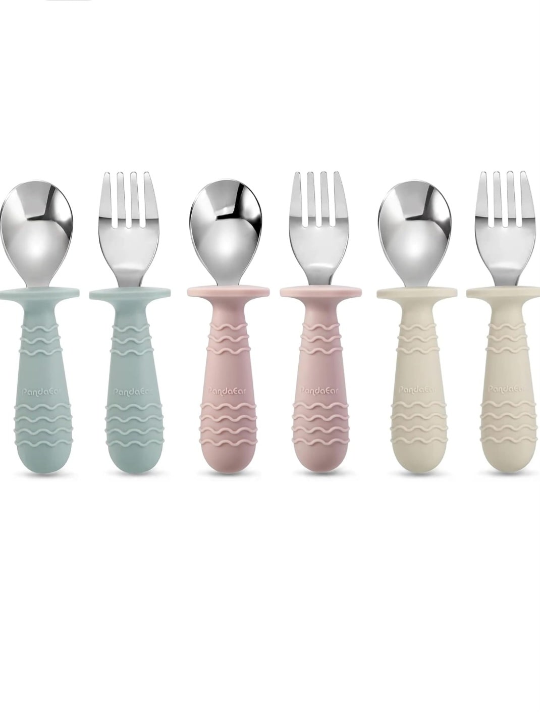 PandaEar 6 Pieces Baby Toddler Silicone Stainless Steel Utensils Silverware Spoon Fork for Baby Toddler BPA Free with Silicone Holding Anti-Choke Design (Blue Pink White)