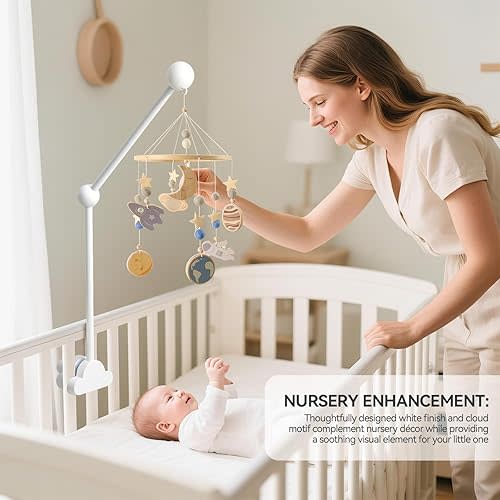 OESSUF Baby Crib Mobile Arm, 24 Inch Wood Hanger, White Cloud Design, Nursery Mobile Holder for Cot Bed (White)