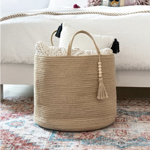 Mkono Woven Storage Basket Decorative Rope Basket Wooden Bead Decoration for Blankets,Toys,Clothes,Shoes,Plant Organizer Bin with Handles Living Room Home Decor, Jute, 16" W × 13.8"L : Home & Kitchen