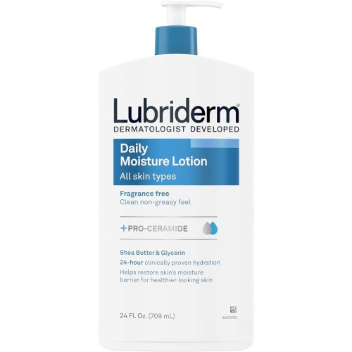 Lubriderm Fragrance Free Daily Moisture Lotion + Pro-Ceramide, Shea Butter & Glycerin, Face, Hand & Body Lotion for Sensitive Skin, Hydrating Lotion for Healthier-Looking Skin, 24 fl. oz
