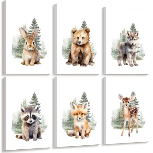 Joocrise Woodland Animal Nursery Wall Art Decor Set of 6 Baby Boys Room Wall Art Forest Animal Canvas Wall Decor Kids Art Prints Watercolor Bear Deer Fox Pictures Artwork for Bedroom 8x10 Inch Framed