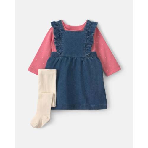 Baby Girl 3-Piece Polka Dot Chambray Long-Sleeve Dress Set - Pink/Indigo | Carter's