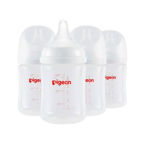 Pigeon PP Nursing Bottle Wide Neck, Anti-Colic, Streamlined Body, Natural Feel, Easy to Clean, 5.4 Oz (Pack of 4), Includes 4pcs SS Nipples (0m+)
