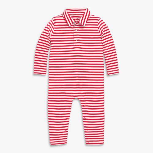 Baby long sleeve polo romper in mini stripe - Lollipop / ivory stripe / 0-3